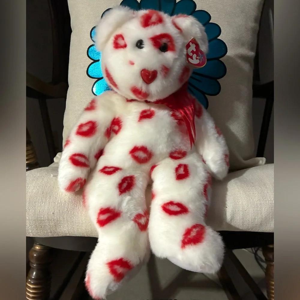 Vintage Ty Plush Bear with Red Kiss Pattern